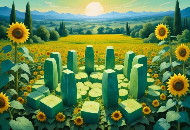 Stone circle made of green glowing stones in a field of sunflowers Mountains and a sunrise are visible in the background