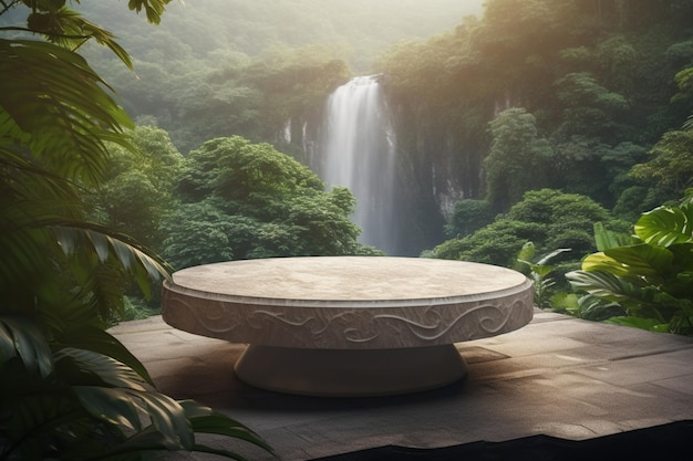 A stone circle with a waterfall in the background