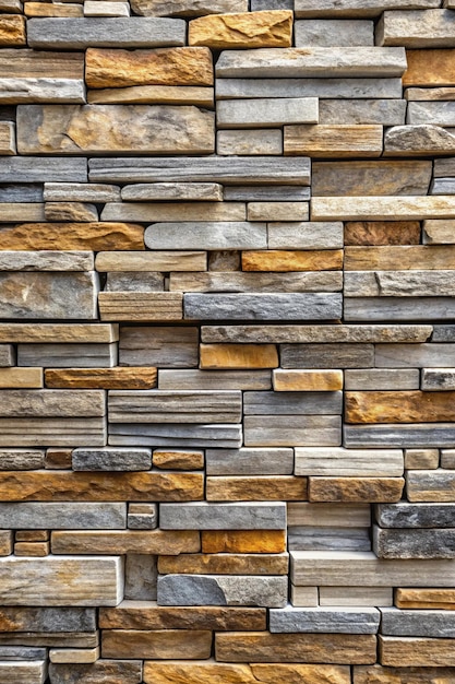 Photo stone cladding wall made of striped stacked slabs of gray and brown rocks panels for exterior background and texture