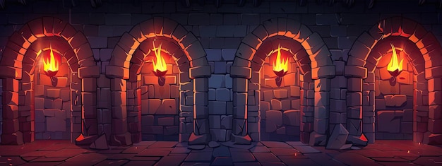 A stone corridor of a medieval dungeon with torches and arched passages