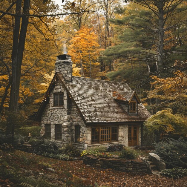 Stone cottage nestled in an autumnal forest