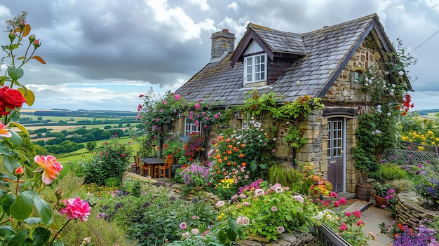 a stone cottage with a garden and a bench on the edge