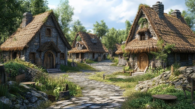 Stone cottages with thatched roofs in a peaceful medieval fantasy village