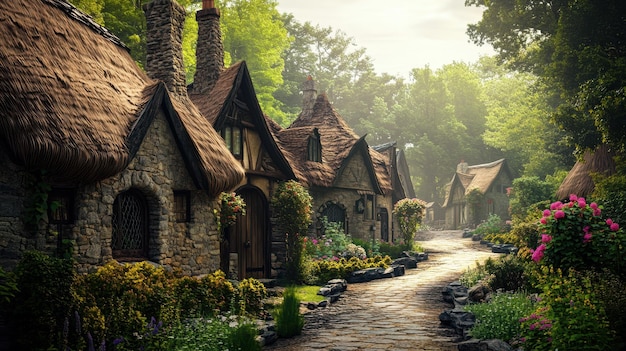 Stone cottages with thatched roofs in a peaceful medieval fantasy village