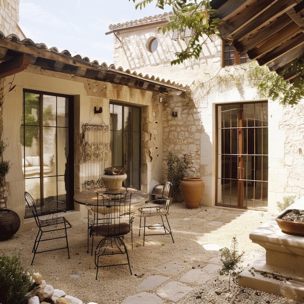 Photo stone courtyard with a wrought iron table and chairs