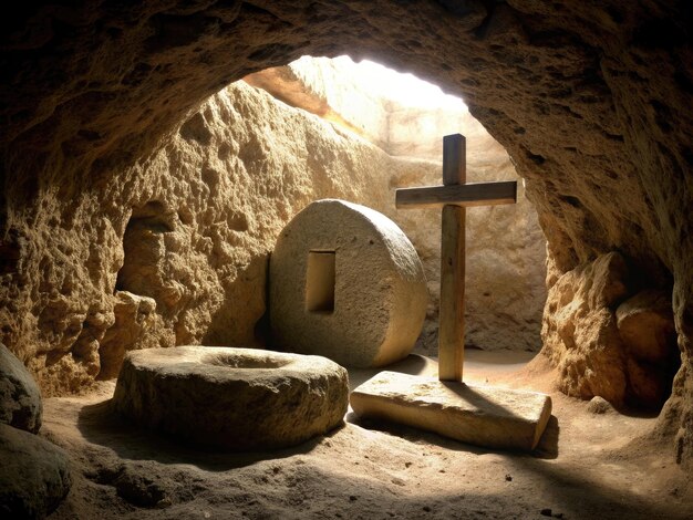 a stone cross is in a cave with a cross on it