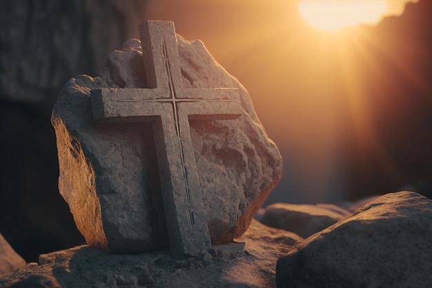 A stone cross on a rock and the rays of the sunconcept faith in god Generative AI