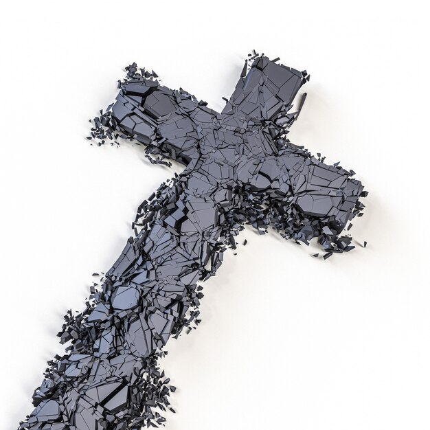 Stone crucifix that breaks and shatters into small pieces. 3d render