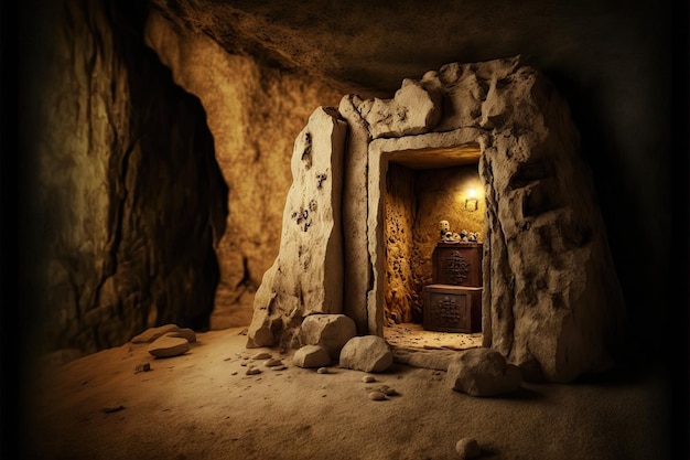 Stone cupboard in stone age cave created with generative ai