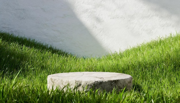 Stone cylinder sits in the middle of the meadow Minimal scene podium for product presentation or advertising