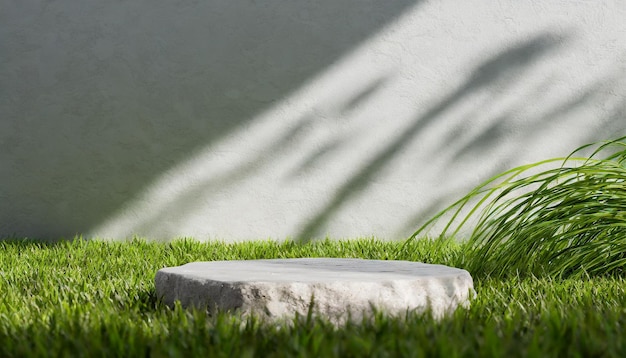 Stone cylinder sits in the middle of the meadow Minimal scene podium for product presentation or advertising