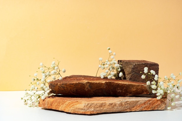 Stone display mockup for advertising against beige background