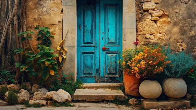 A stone door with plants and blue door in the style of dark gold and turquoise colorful dreams Generative Ai