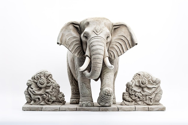 A Stone Elephant Statue Stands Guard Over Two Ornate Flower Sculptures on a White or Clear Surface PNG Transparent Background