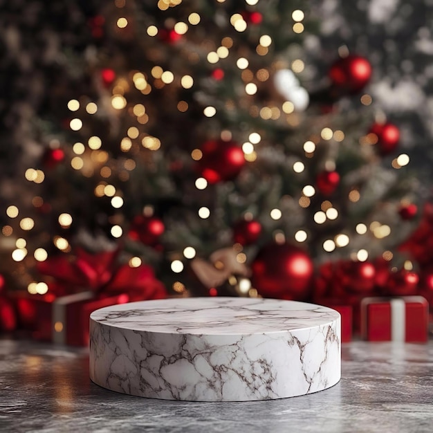 Stone empty marble podium for product placement display Christmas with New Year tree