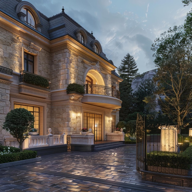 Photo stone facade mansion entrance at dusk with cobblestone driveway and wrought iron gate