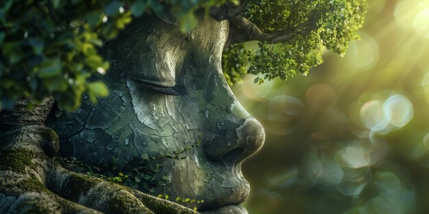 Stone face blended with tree roots and leaves symbolizing harmony between nature and humanity