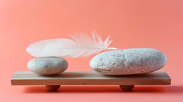 a stone and a feather on a tray with two rocks on it