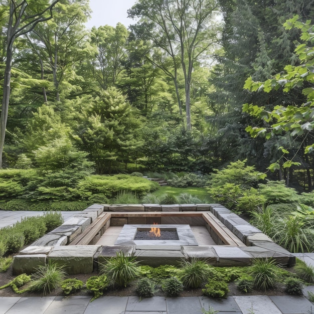 Photo stone fire pit surrounded by lush greenery in a wooded backyard