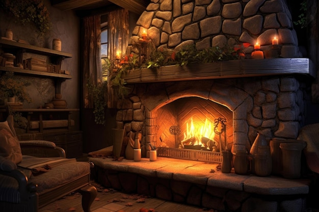 Stone fireplace with a crackling fire and warm glow created with generative ai