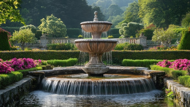 Stone Fountain Cascade in a Lush Garden Setting