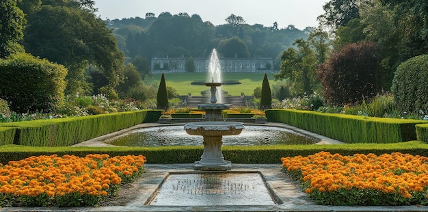 Stone Fountain in a Formal Garden with Orange Flowers