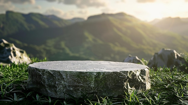 Stone granite podium rock table top on green grass with outdoor mountain scene natur Generative AI