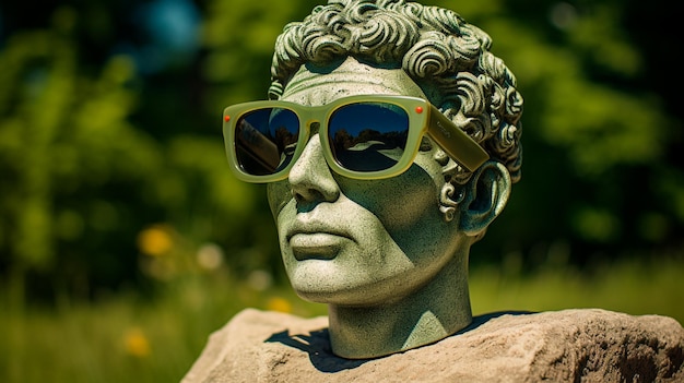 The stone head of a man in dark glasses against the background of an ancient temple in the background