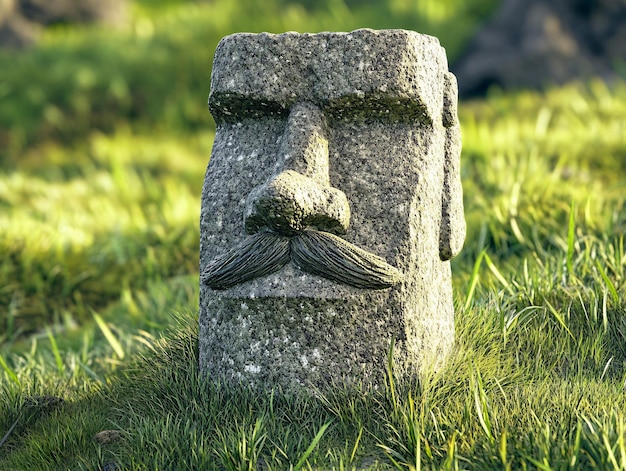 Stone head sculpture with a mustache in a field of green grass