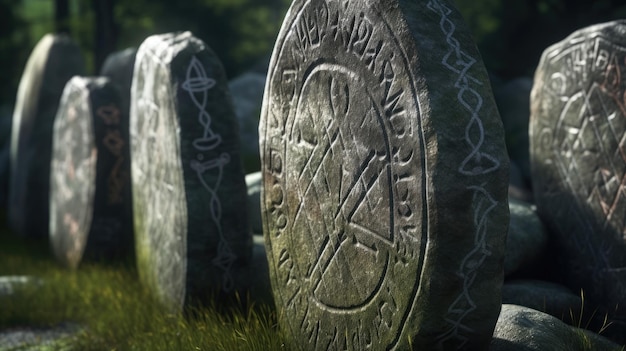 a stone headstone with carved symbols