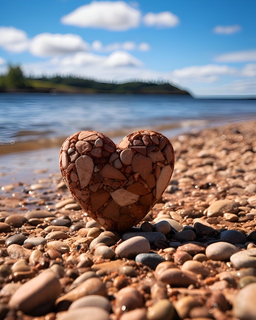 Stone heart on the shore of the lake Conceptual image