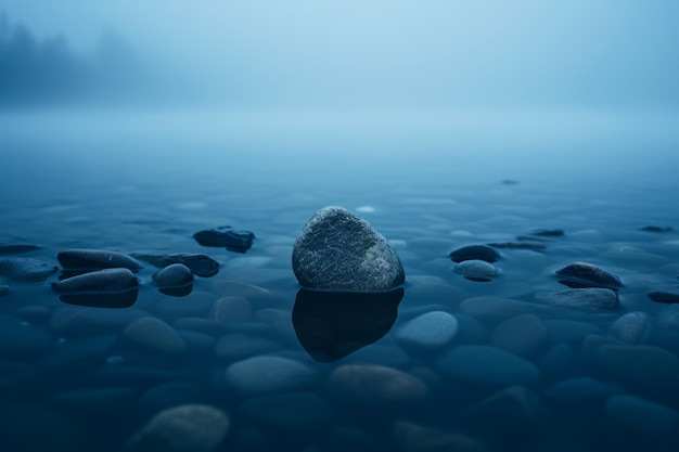 Photo a stone is sitting in the water on a foggy day