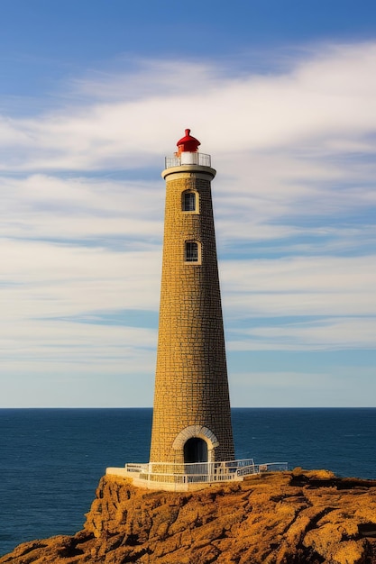 a stone lighthouse against a dark blue raging sea Generative AI