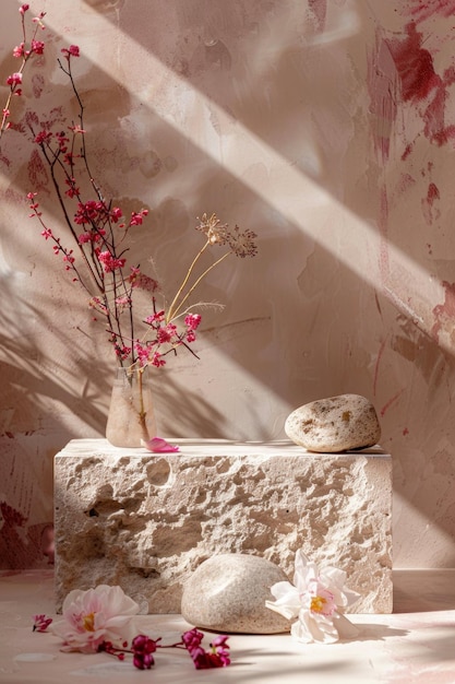 Stone marble podium adorned with rocks and flowers empty blank area for event text or product names