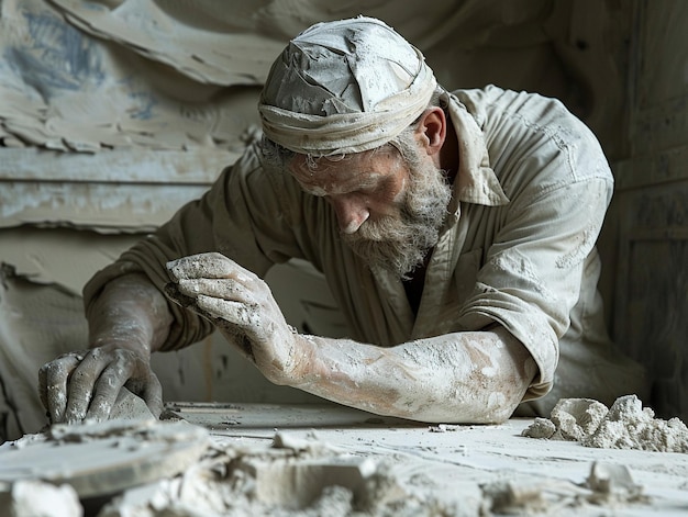 Photo stone mason at work rendered in a classical sculpture style