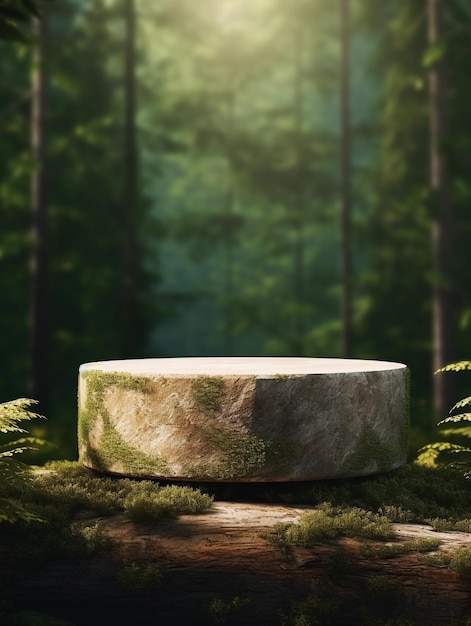 A stone in the middle of a forest with a forest in the background.