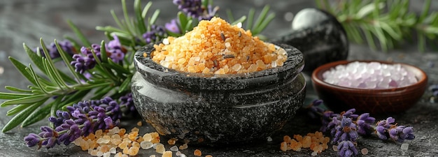 Stone mortar and pestle filled with aromatic lavender spice blend surrounded by fresh lavender