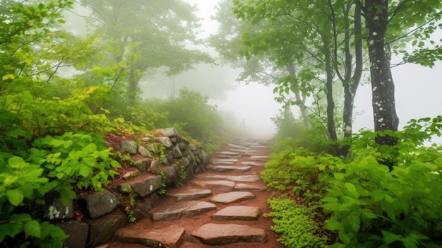 a stone path in a forest