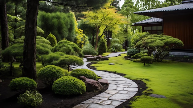 a stone path in a garden