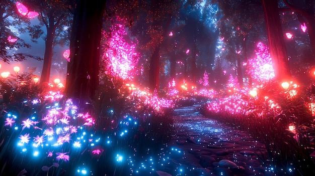 Photo stone path is glowing in a magical forest with neon flowers and butterflies flying in the night