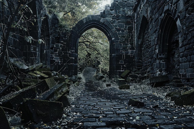 Stone path leading through ancient ruins of a gothic archway