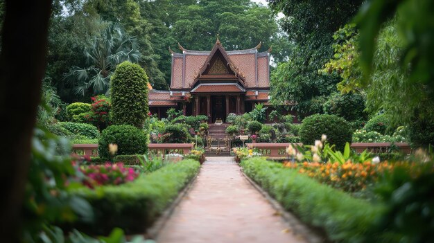 Photo stone path leading to traditional thai temple in lush garden