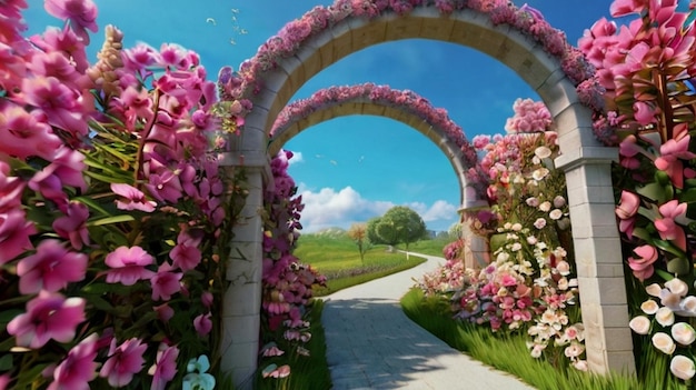 Photo a stone path leads to a stone arch with flowers and a stone path