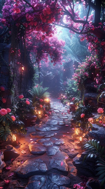 A stone path leads through a magical forest with pink flowers and glowing lanterns