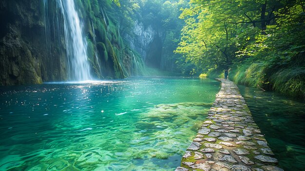 Photo a stone path leads to a waterfall with a waterfall in the background