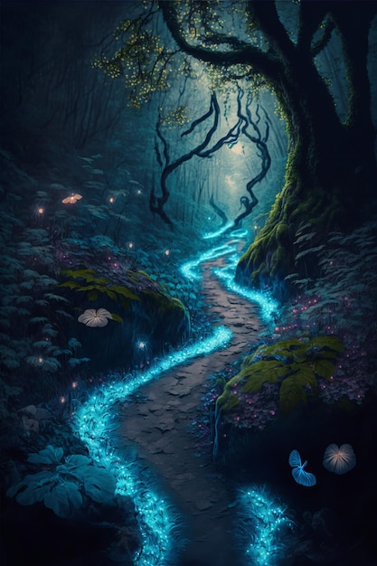 Stone path through bioluminescent fantasy forest