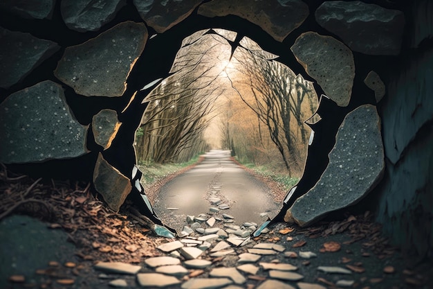 Stone path through forest crack on glass