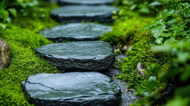 Photo stone path through lush green mossy garden