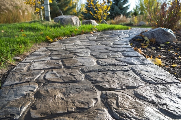 Photo stone path winding through grass with rocks in the background stamped concrete walkway with the appearance of aged cobblestones