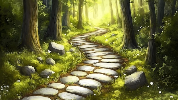 Photo a stone path winds through a lush green forest bathed in warm sunlight the path leads to a bright mysterious destination inviting the viewer to explore